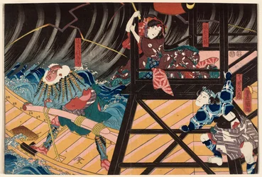 Actors Ichikawa Kuzo II as the Servant Genan Rokuzo, Iwai Kumesaburo III as the Daughter Musume Ofune, and Ichikawa Ebizo V as the Ferryman Watashimori Tonbei